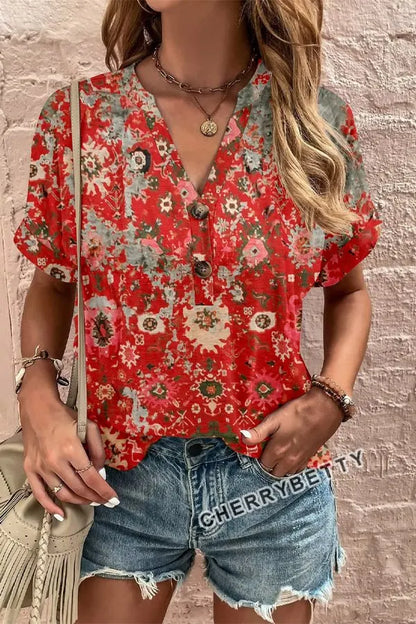 Floral Print Button Detailed V-Neck Top