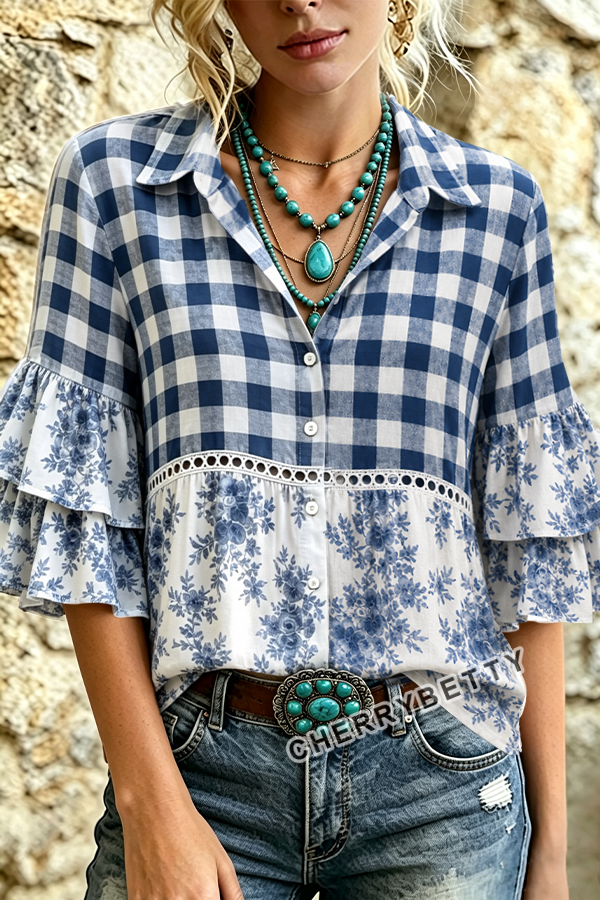 Mixed Plaid Floral Print Hollow Out Ruffle Sleeve Top