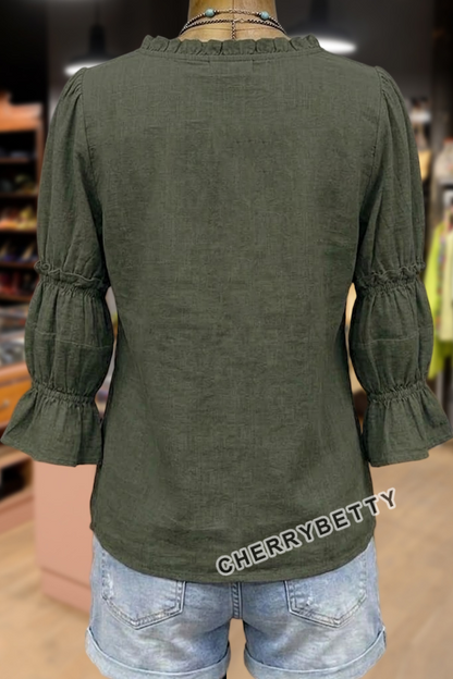 Elegant Flower Embroidered Ruffle V-Neck Puff Sleeve Top