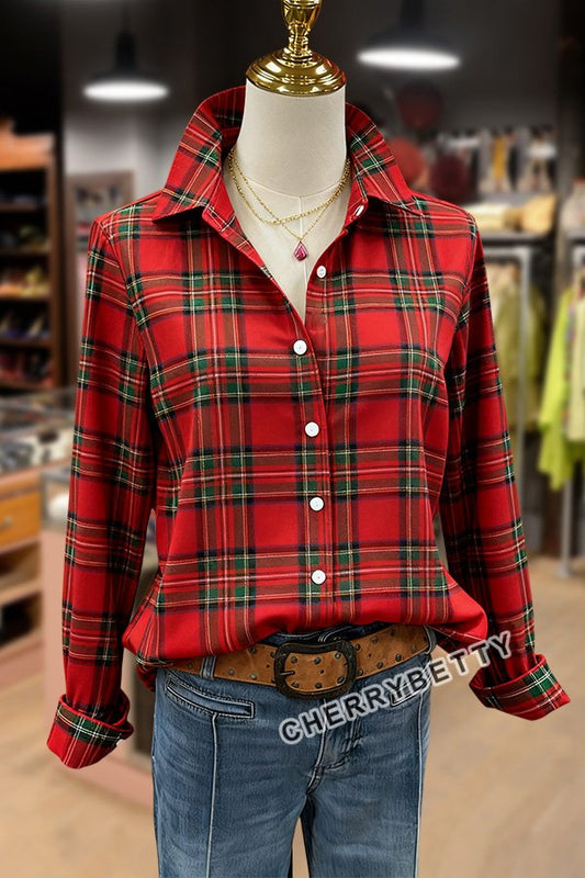 Casual Christmas Plaid Print Collared Blouse