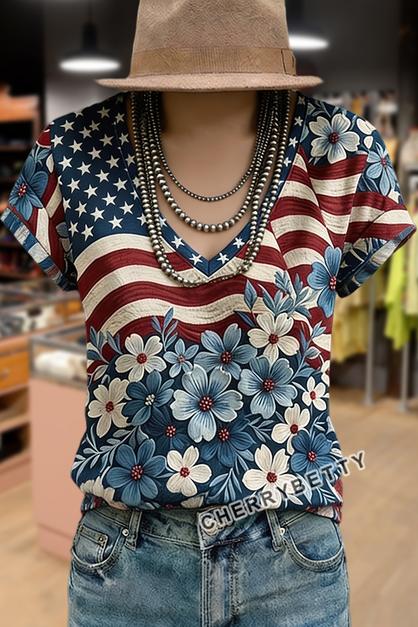 Mixed American Flag Floral Print V-Neck Cotton T-Shirt