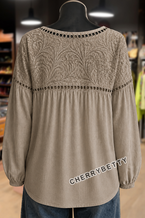 Vintage Floral Print Hollow Out Long Sleeve Top