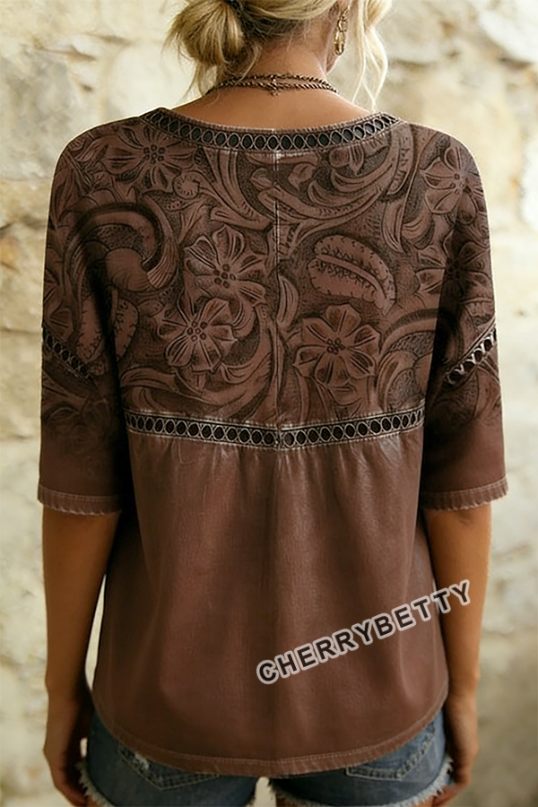 Retro Floral Print Hollow Out Top