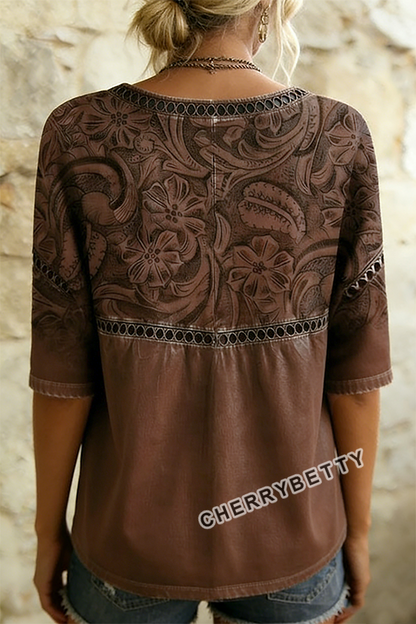 Retro Floral Print Hollow Out Top