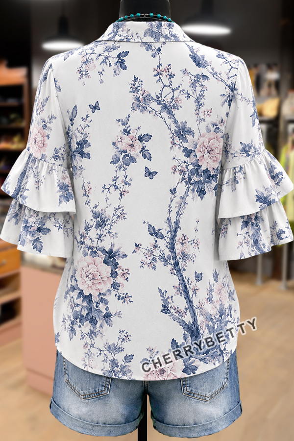 Retro Floral Print Layered Ruffle Sleeve Top