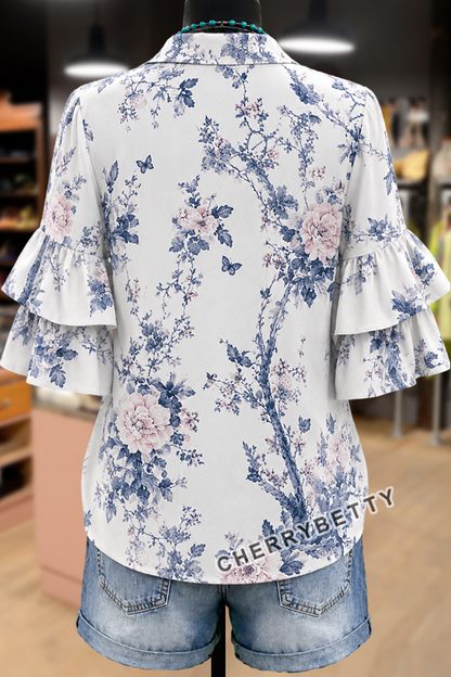 Retro Floral Print Layered Ruffle Sleeve Top