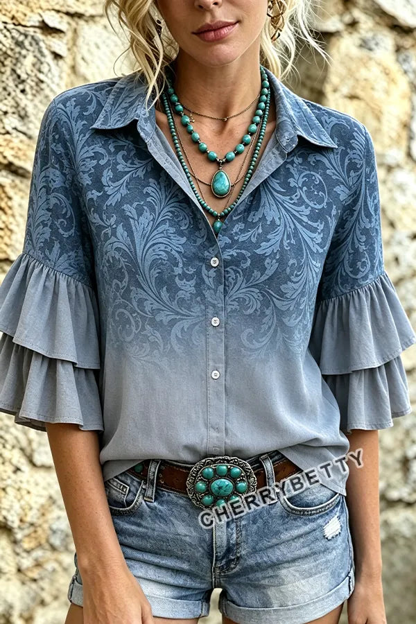 Gradient Floral Print Ruffle Sleeve Top