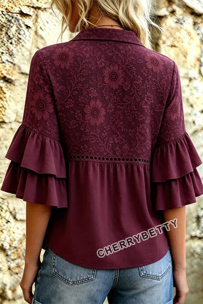 Gradient Floral Print Layered Ruffle Sleeve Hollow Out Blouse