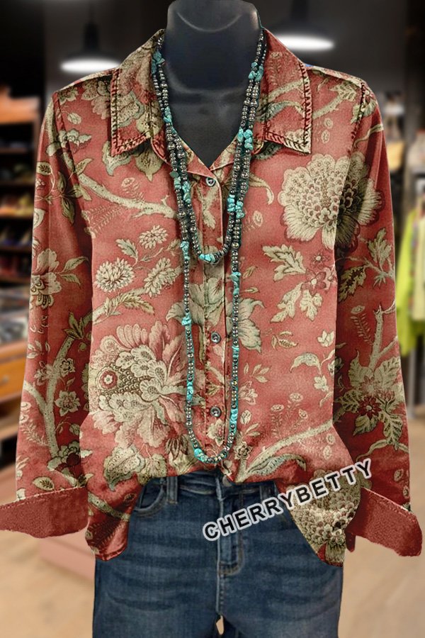 Retro Floral Print Collared Long Sleeve Shirt