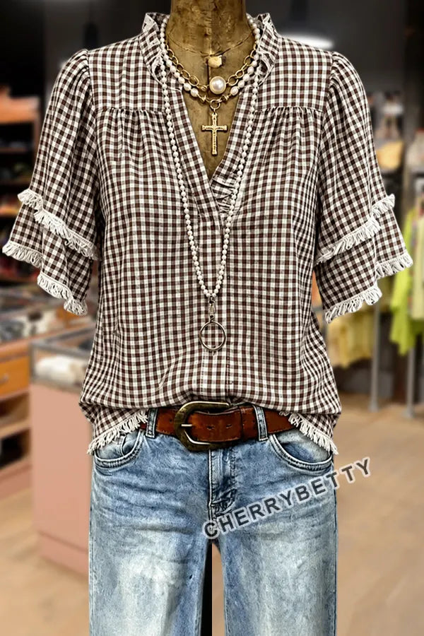 Classic Gingham V-Neck Frayed Hem Cotton Top