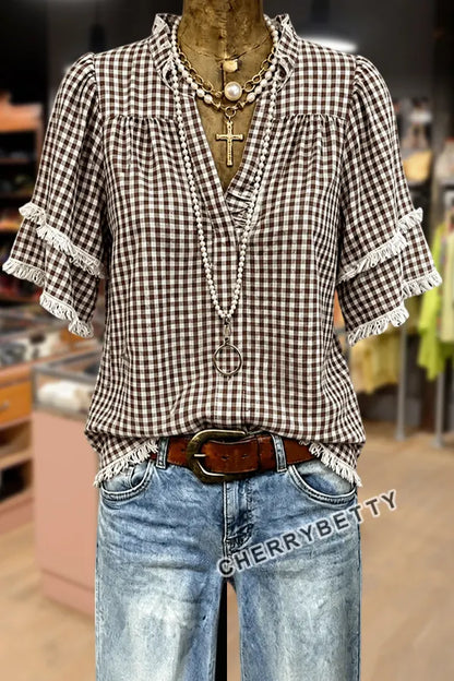 Classic Gingham V-Neck Frayed Hem Cotton Top