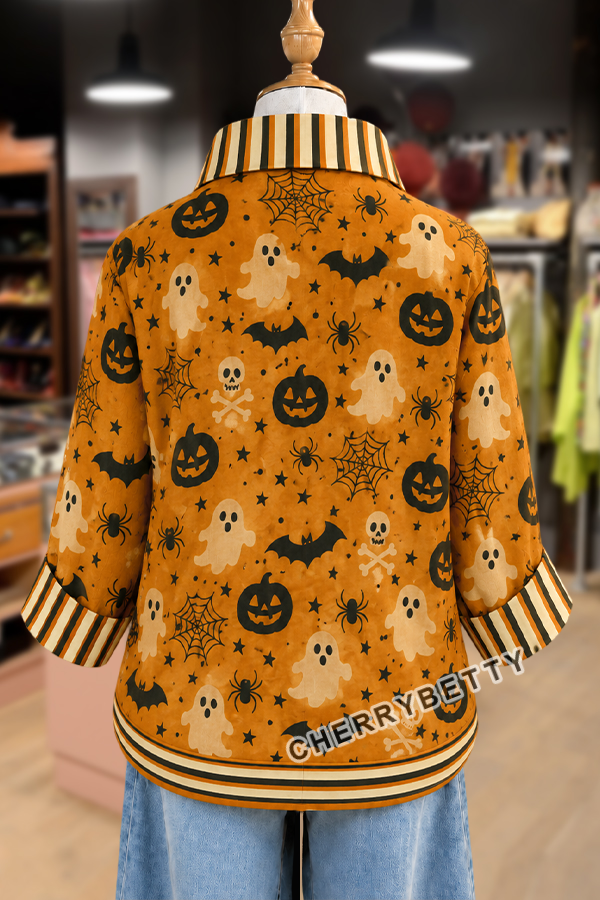 Halloween Ghost Pumpkin Print Striped Collar Three Quater Sleeve Blouse