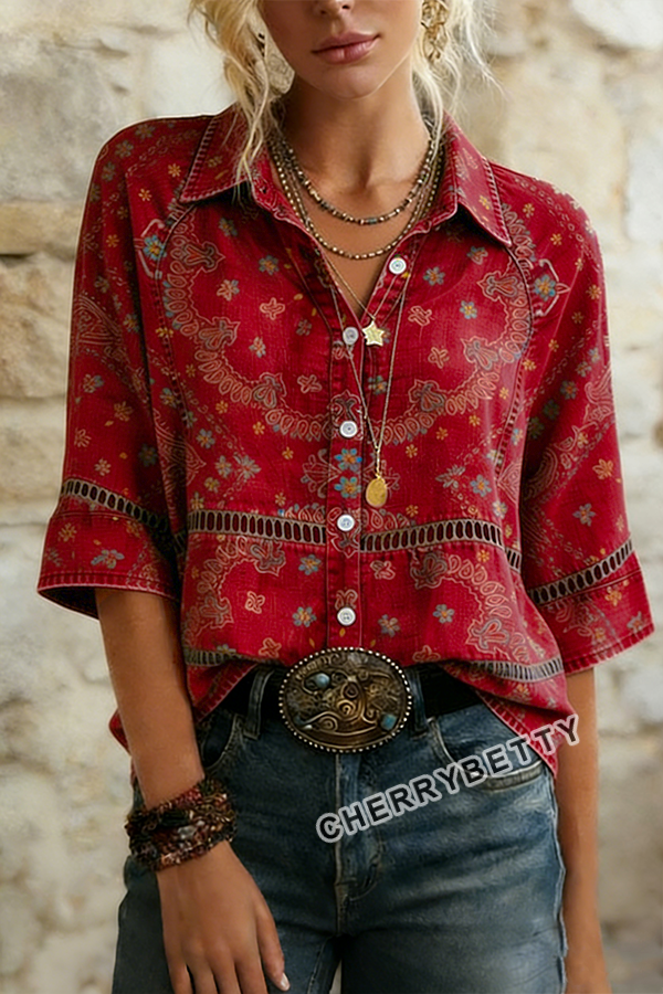 Vintage Floral Print Hollow Out Collared Top