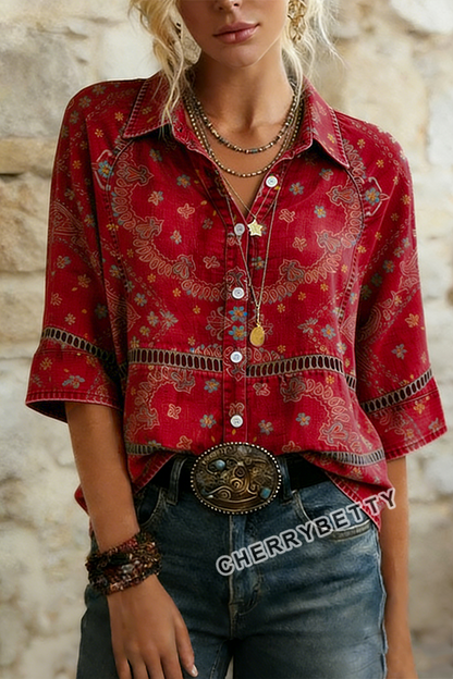 Vintage Floral Print Hollow Out Collared Top