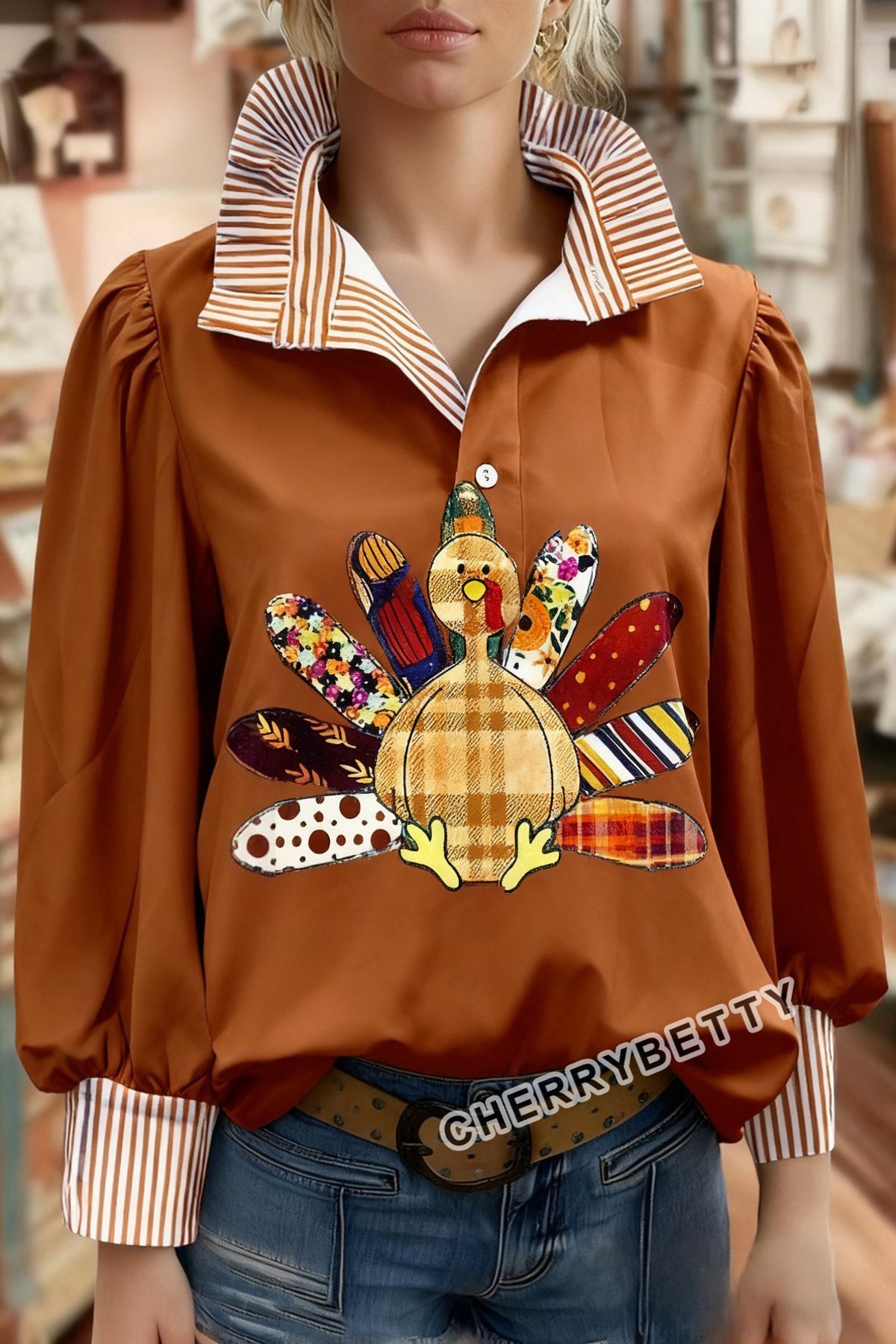 Chic Thanksgiving Turkey Print Striped Long Sleeve Top