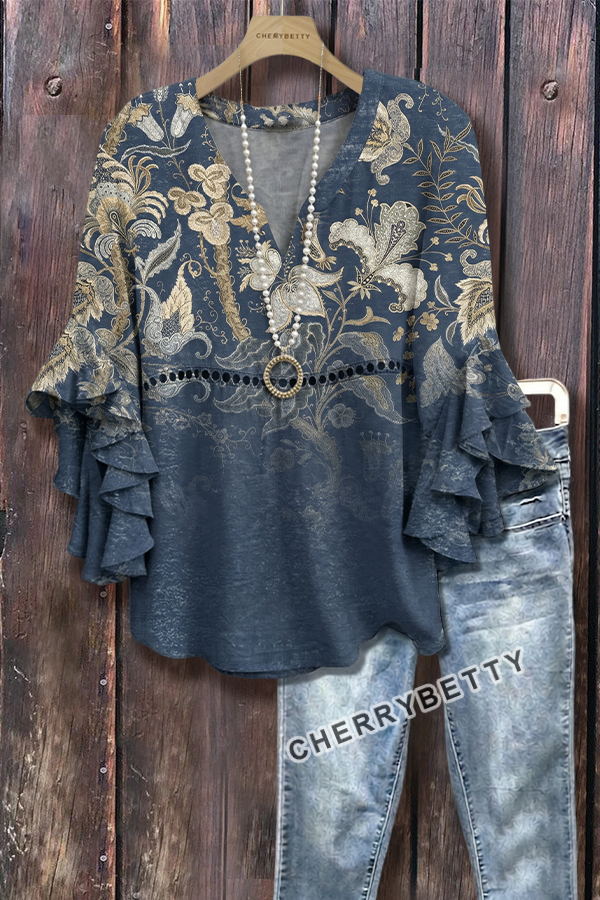Vintage Floral Print Hollow Out Ruffle Sleeve Top