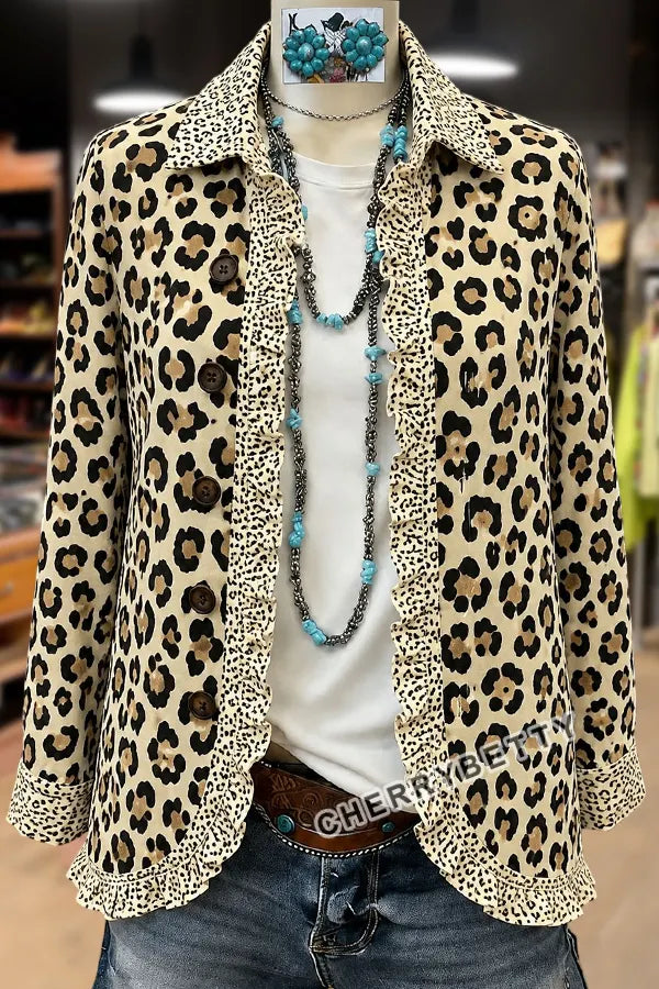 Leopard Collar Long Sleeve  Ruffle Trim Shirt