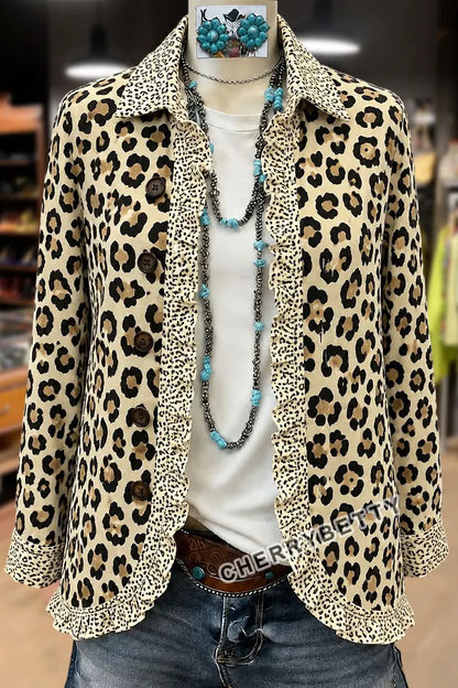 Leopard Collar Long Sleeve  Ruffle Trim Shirt
