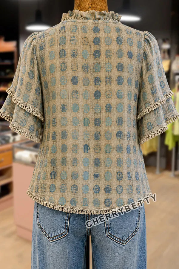 Retro Polka Dot Print Ruffle Neck Frayed Hem Top