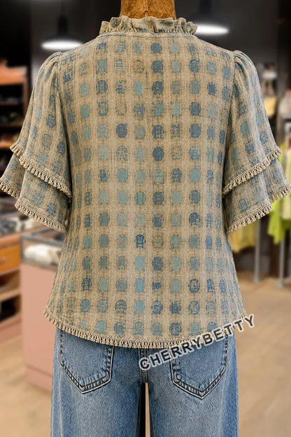 Retro Polka Dot Print Ruffle Neck Frayed Hem Top
