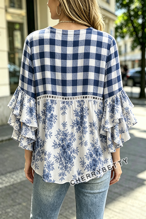 Mixed Plaid Floral Print Hollow Out Ruffle Sleeve Top