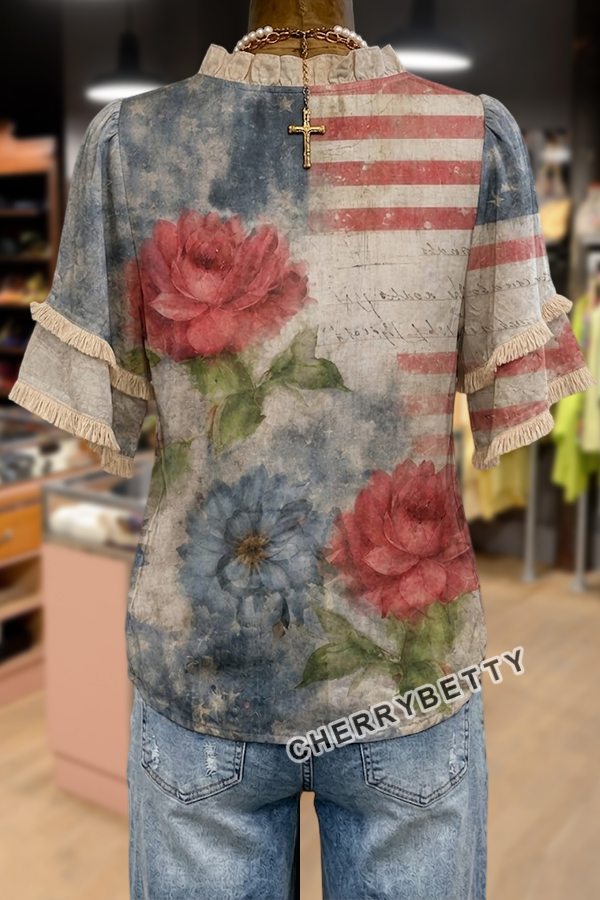 Retro American Floral Print Frayed Hem Top