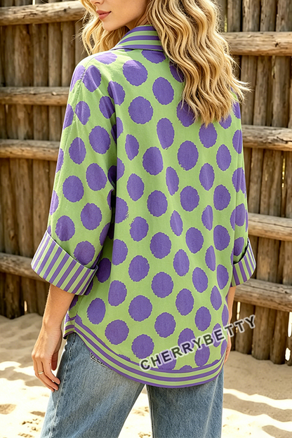Colorful Polka Dot Print Striped Collar Blouse