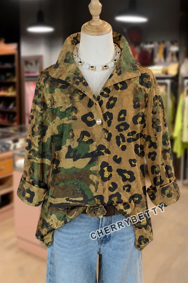 Vintage Leopard Camouflage Print Striped Collar Three Quater Sleeve Blouse