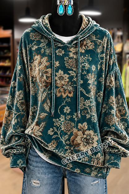 Retro Floral Print Long Sleeve Velvet Hoodie Top