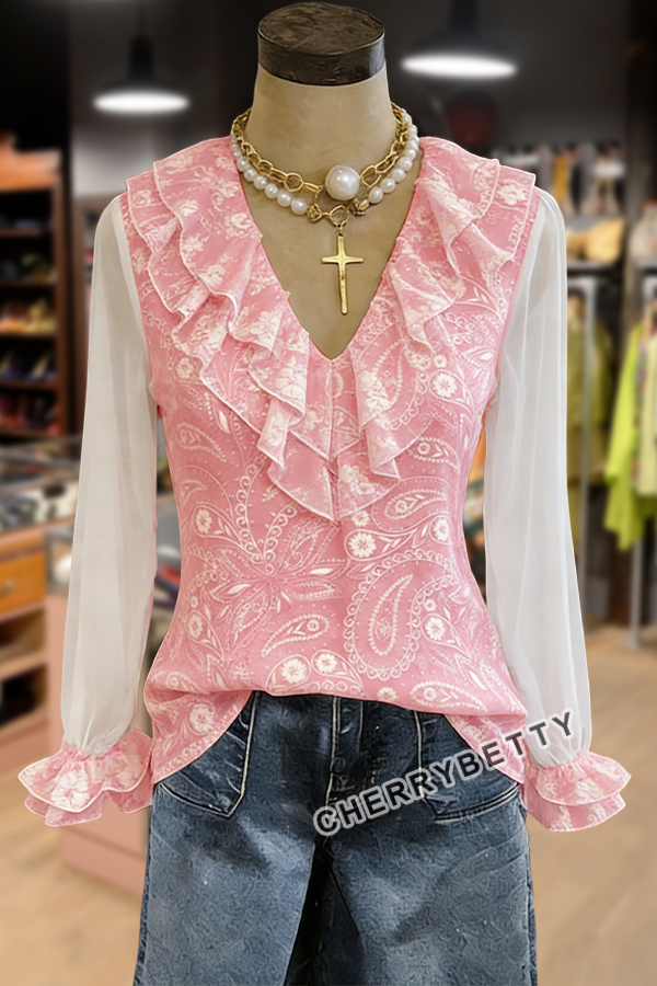 Retro Paisley Floral Print Ruffle V-Neck Mesh Top