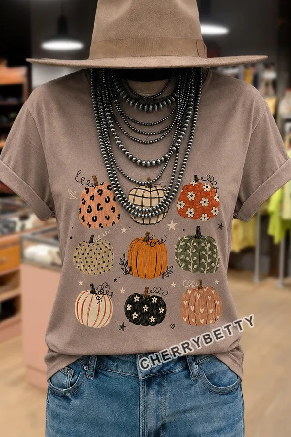 Vintage Pumpkin Print Round Neck T-Shirt