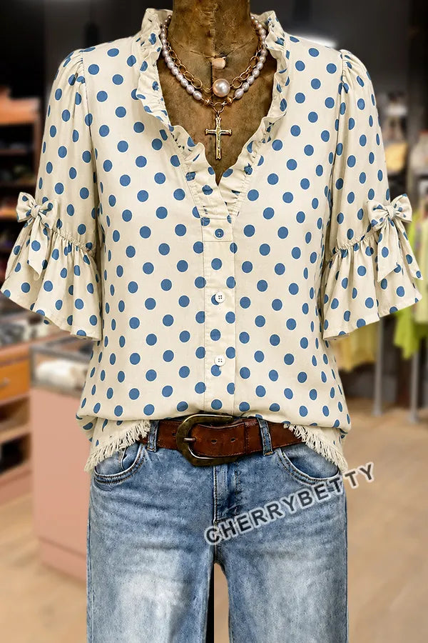 Casual Polka Dot Print Ruffle Neck Bow Decor Half Sleeve Blouse