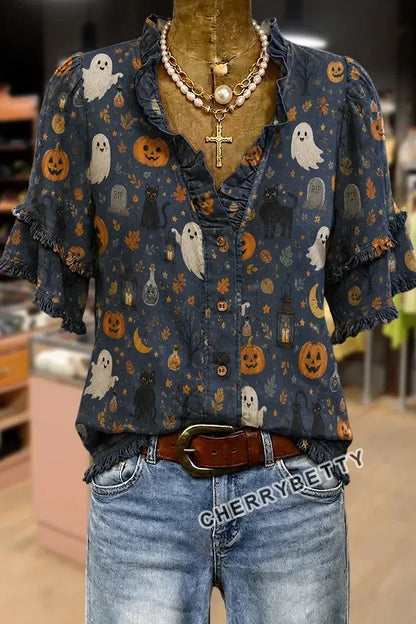 Retro Halloween Ghost Pumpkin Print Frayed Hem Top