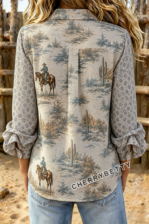 Western Cowboy Print Leopard  Collar Ruffle Sleeve Blouse