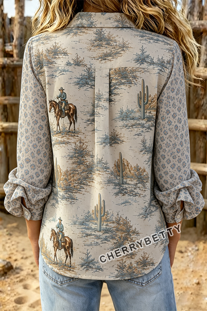 Western Cowboy Print Leopard  Collar Ruffle Sleeve Blouse