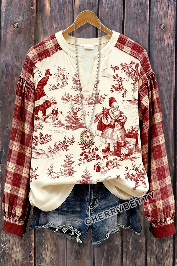 Vintage Christmas Santa Print Plaid Long Sleeve Top