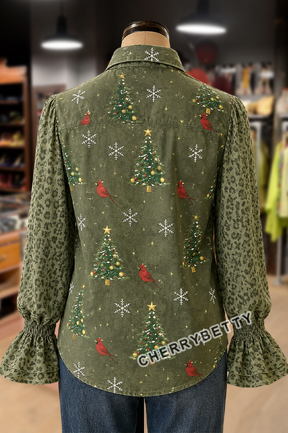 Christmas Tree Print Leopard Bell Sleeve Blouse