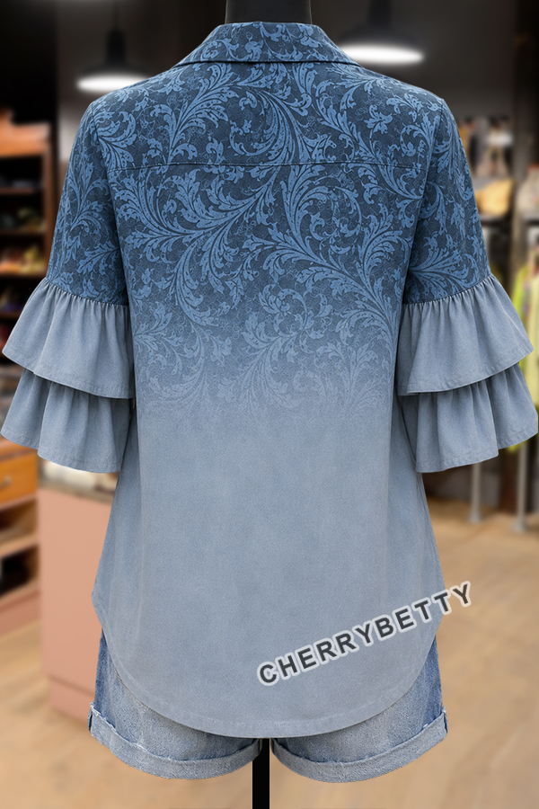 Gradient Floral Print Ruffle Sleeve Top