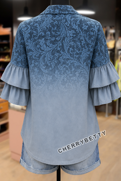 Gradient Floral Print Ruffle Sleeve Top