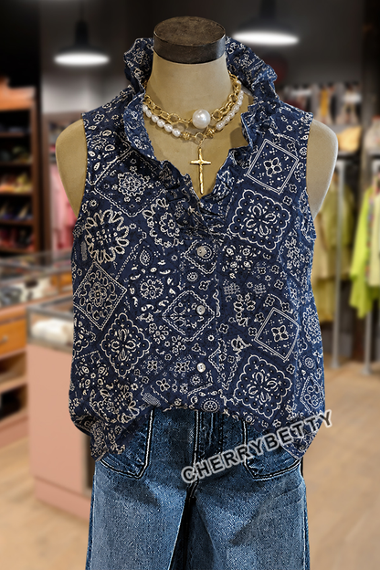 Bohemian Paisley Print Ruffle Neck Sleeveless Tank Top