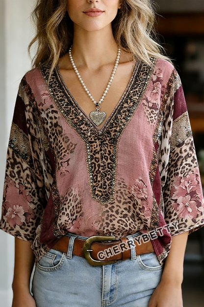 Retro Leopard Flower Print V-Neck Top