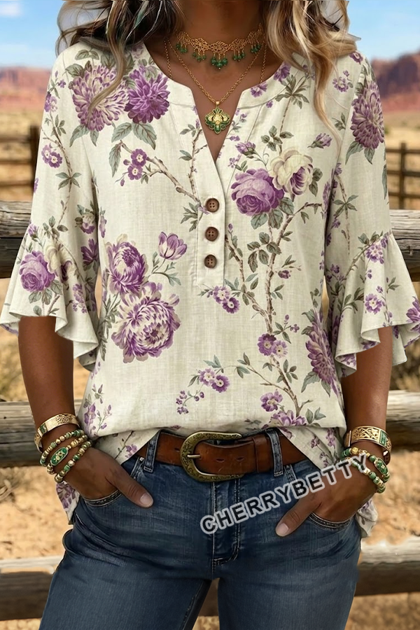 Vintage Floral Print Notch Neck Ruffle Sleeve Blouse