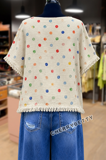 Colorful Polka Dot Print Side Slit Fringe Hem Top