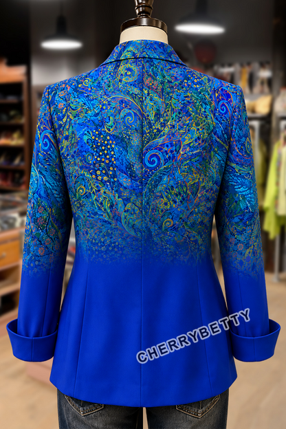 Colorful Peacock Print Long Sleeve Blazer