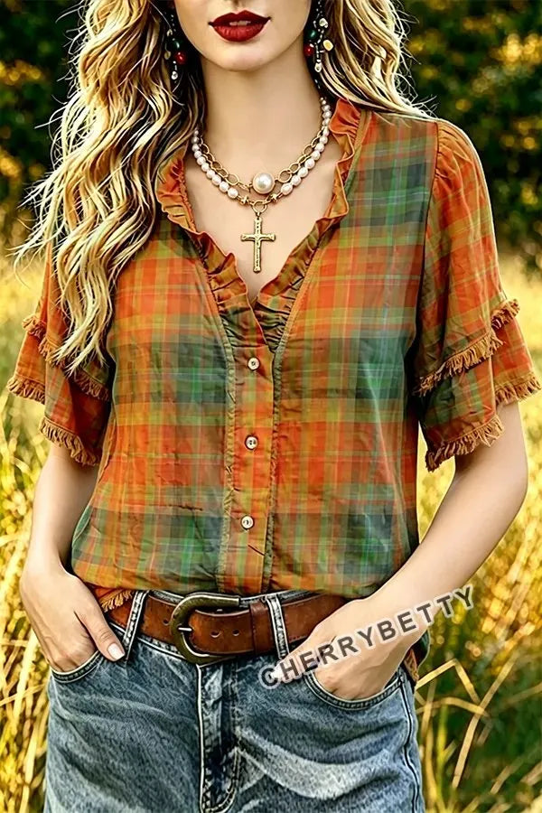 Vintage Plaid Ruffle Neck Frayed Hem Top
