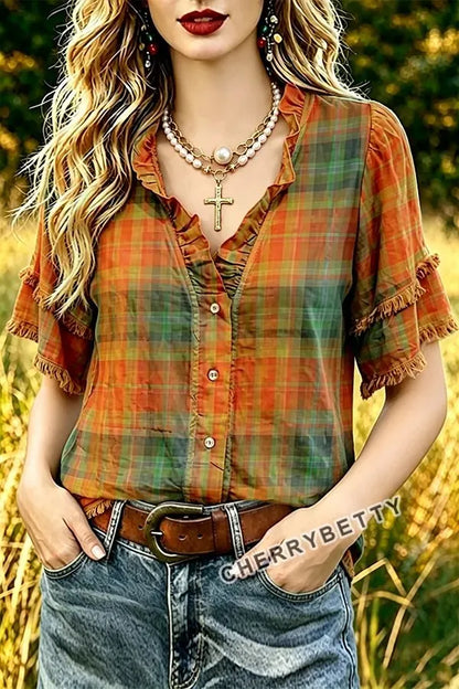 Vintage Plaid Ruffle Neck Frayed Hem Top