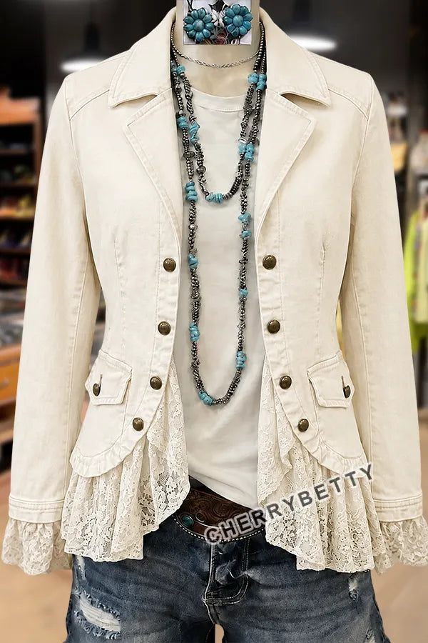 Solid Collar Long Sleeve Lace Ruffle Hem Jacket