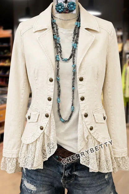 Solid Collar Long Sleeve Lace Ruffle Hem Jacket