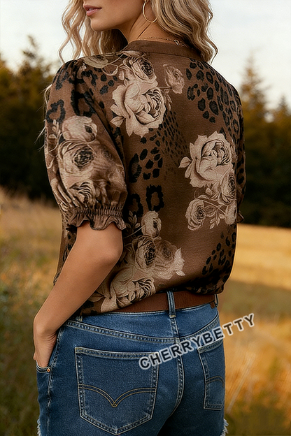Mixed Leopard Floral Print V-Neck Top