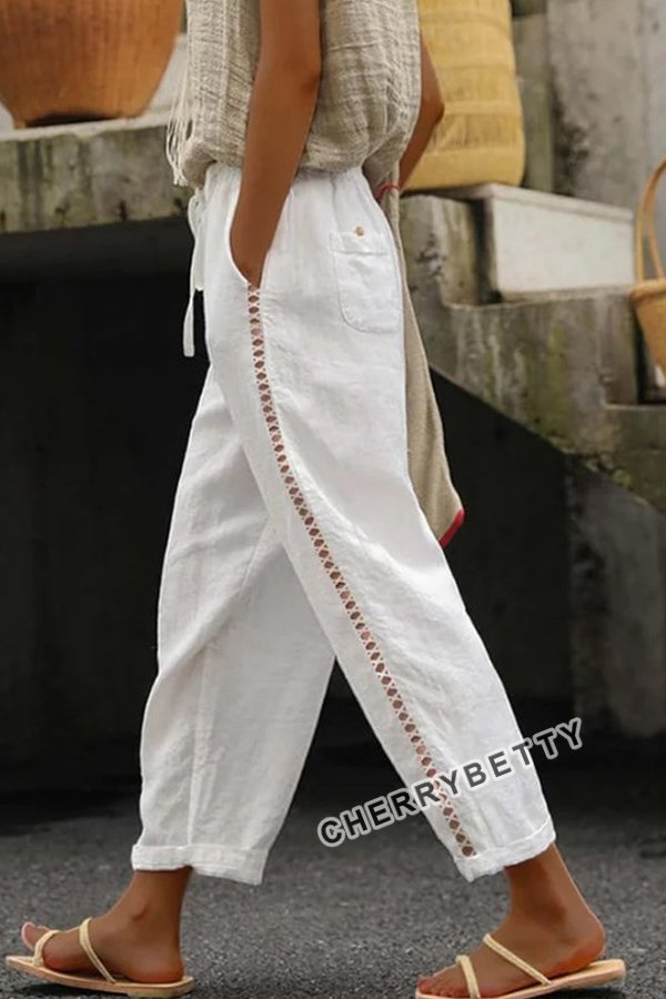 Casual Hollow Out Lace Patch Linen Pants